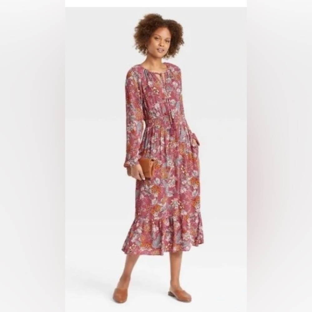 Knox RosevFloral Long Sleeve Midi Dress in Dusty Rose Sz XL